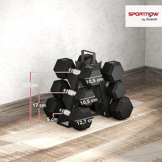 SPORTNOW Conjunto de Halteres de 6 Peças 36 kg Halteres Hexagonais 2x4kg 2x6kg 2x8kg com Suporte de Armazenamento e Punho Antiderrapante para Treino em Casa ou Ginásio Preto