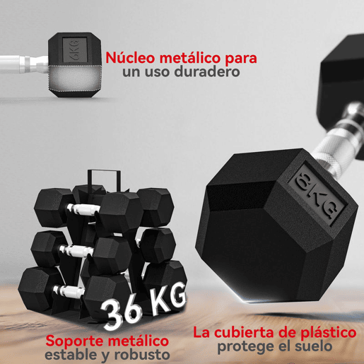SPORTNOW Conjunto de Halteres de 6 Peças 36 kg Halteres Hexagonais 2x4kg 2x6kg 2x8kg com Suporte de Armazenamento e Punho Antiderrapante para Treino em Casa ou Ginásio Preto