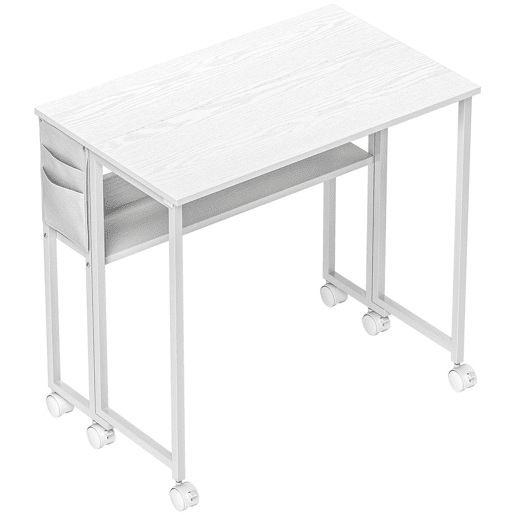 HOMCOM Secretária Dobrável com Rodas e Prateleira Mesa de Escritório Compacta com Bolso de Arrumação Mesa para Computador Portátil para Casa Escritório Espaços Pequenos 80x50x75 cm Branco