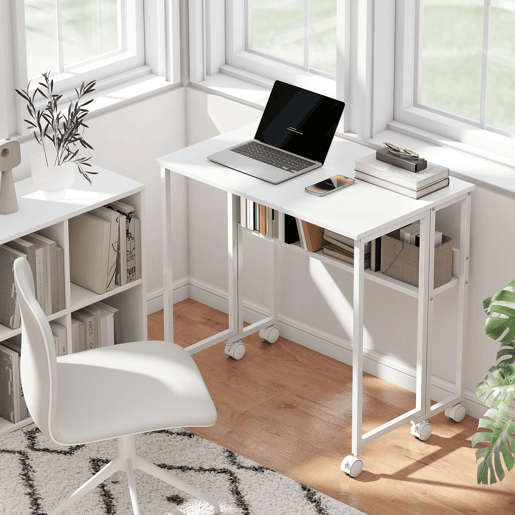 HOMCOM Secretária Dobrável com Rodas e Prateleira Mesa de Escritório Compacta com Bolso de Arrumação Mesa para Computador Portátil para Casa Escritório Espaços Pequenos 80x50x75 cm Branco