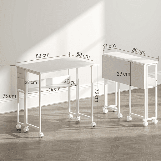 HOMCOM Secretária Dobrável com Rodas e Prateleira Mesa de Escritório Compacta com Bolso de Arrumação Mesa para Computador Portátil para Casa Escritório Espaços Pequenos 80x50x75 cm Branco