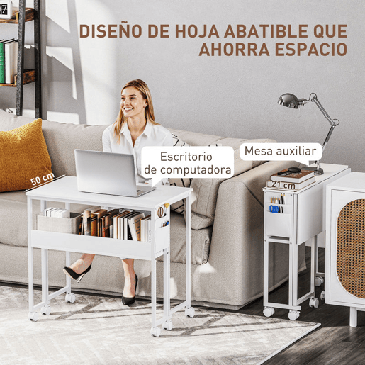HOMCOM Secretária Dobrável com Rodas e Prateleira Mesa de Escritório Compacta com Bolso de Arrumação Mesa para Computador Portátil para Casa Escritório Espaços Pequenos 80x50x75 cm Branco