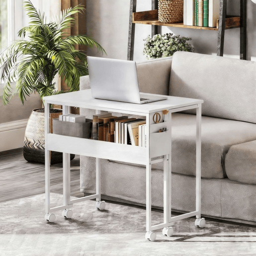 HOMCOM Secretária Dobrável com Rodas e Prateleira Mesa de Escritório Compacta com Bolso de Arrumação Mesa para Computador Portátil para Casa Escritório Espaços Pequenos 80x50x75 cm Branco