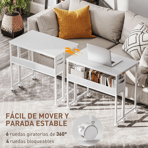 HOMCOM Secretária Dobrável com Rodas e Prateleira Mesa de Escritório Compacta com Bolso de Arrumação Mesa para Computador Portátil para Casa Escritório Espaços Pequenos 80x50x75 cm Branco