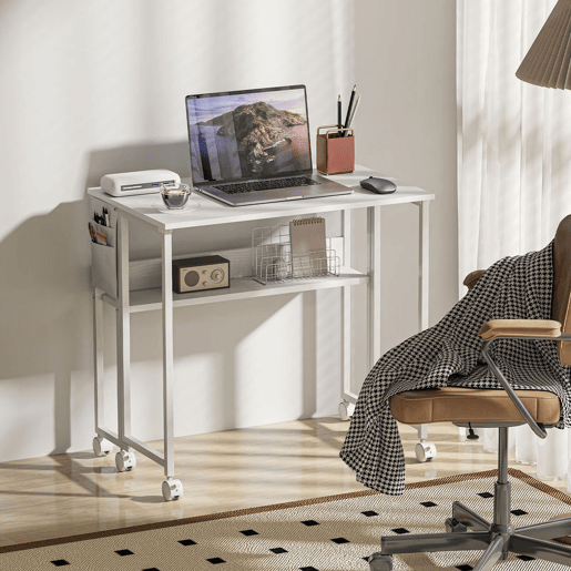 HOMCOM Secretária Dobrável com Rodas e Prateleira Mesa de Escritório Compacta com Bolso de Arrumação Mesa para Computador Portátil para Casa Escritório Espaços Pequenos 80x50x75 cm Branco