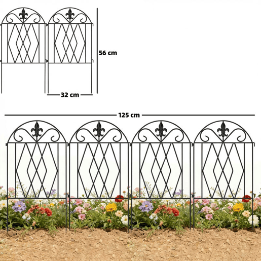 Outsunny Conjunto de 4 Cercas de Jardim em Metal 125x56 cm Cercas Decorativas para Jardim com Design Arqueado Resistentes e Fáceis de Instalar para Horta Pátio Terraço Relvado Preto