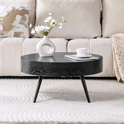 Mesa de café redonda 70 cm - Design minimalista, pernas de metal - Preto