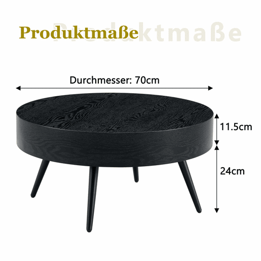 Mesa de café redonda 70 cm - Design minimalista, pernas de metal - Preto