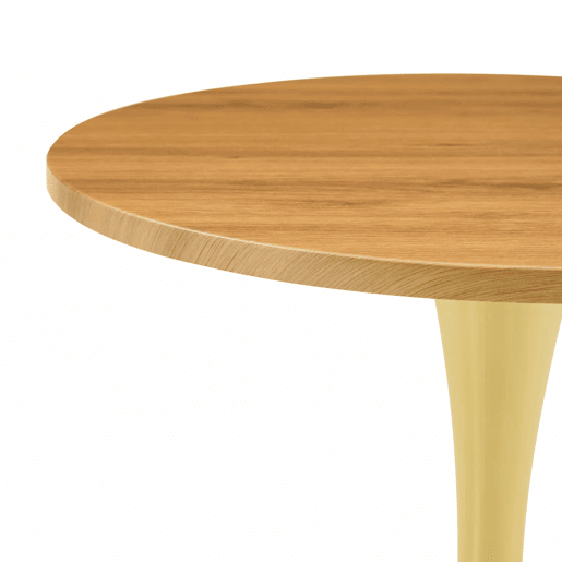 Mesa auxiliar redonda 60 cm - tampo em MDF com tecnologia termoformada, acabamento efeito madeira natural, base dourada - madeira natural e dourado