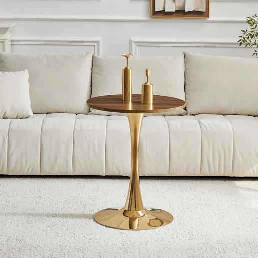 Mesa auxiliar redonda 60 cm - tampo em MDF com tecnologia termoformada, acabamento efeito madeira nogal, base metálica dourada - Nogal e Dourado