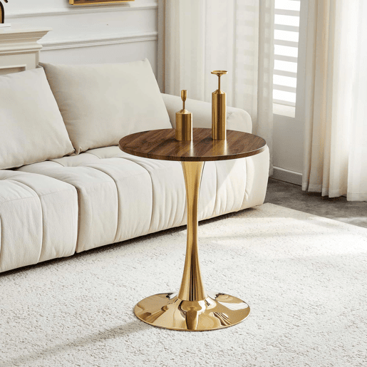 Mesa auxiliar redonda 60 cm - tampo em MDF com tecnologia termoformada, acabamento efeito madeira nogal, base metálica dourada - Nogal e Dourado