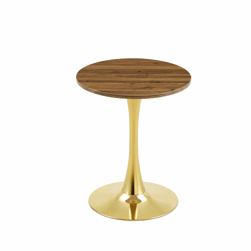 Mesa auxiliar redonda 60 cm - tampo em MDF com tecnologia termoformada, acabamento efeito madeira nogal, base metálica dourada - Nogal e Dourado