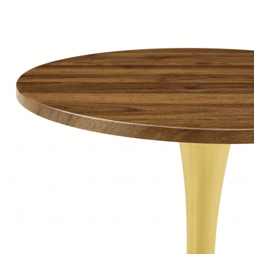 Mesa auxiliar redonda 60 cm - tampo em MDF com tecnologia termoformada, acabamento efeito madeira nogal, base metálica dourada - Nogal e Dourado