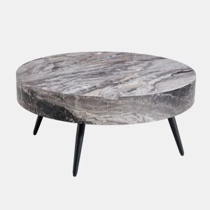 Mesa de café redonda 70 cm - design minimalista, tampo com efeito mármore cinza, pernas metálicas pretas - Cinza+Preto