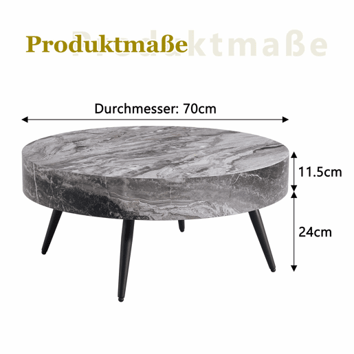 Mesa de café redonda 70 cm - design minimalista, tampo com efeito mármore cinza, pernas metálicas pretas - Cinza+Preto