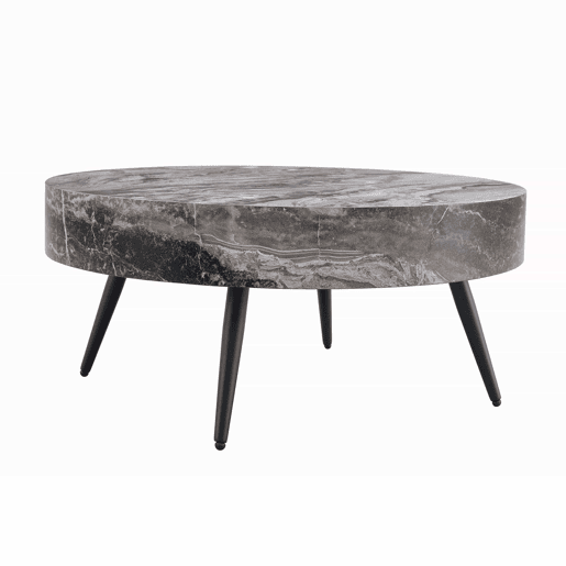 Mesa de café redonda 70 cm - design minimalista, tampo com efeito mármore cinza, pernas metálicas pretas - Cinza+Preto