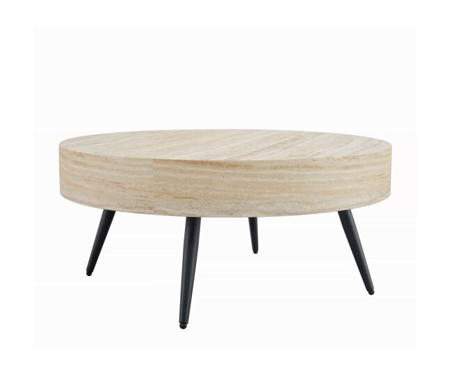 Mesa de café redonda 70 cm - estilo minimalista, mdf con efecto madera travertino, patas de metal negro - negro,madera