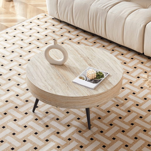 Mesa de café redonda 70 cm - estilo minimalista, MDF com efeito madeira travertino, pernas em metal preto - Preto,Madeira