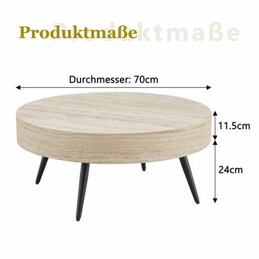 Mesa de café redonda 70 cm - estilo minimalista, MDF com efeito madeira travertino, pernas em metal preto - Preto,Madeira