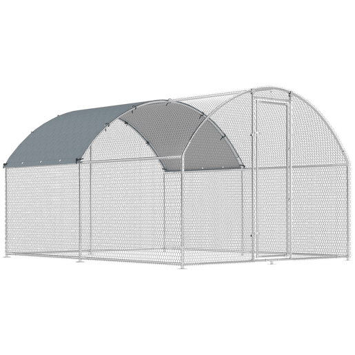 PawHut Galinheiro Exterior 2,8x3,4x1,9 m Galinheiro de Aço Galvanizado com Cobertura de Tecido Oxford Anti-UV e Impermeável, Porta e Fechos Gaiola para 10-16 Galinhas Prata
