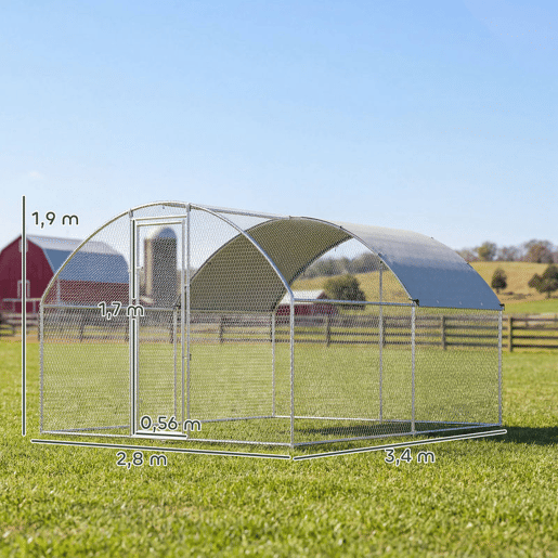 PawHut Galinheiro Exterior 2,8x3,4x1,9 m Galinheiro de Aço Galvanizado com Cobertura de Tecido Oxford Anti-UV e Impermeável, Porta e Fechos Gaiola para 10-16 Galinhas Prata