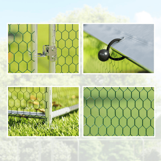 PawHut Galinheiro Exterior 2,8x3,4x1,9 m Galinheiro de Aço Galvanizado com Cobertura de Tecido Oxford Anti-UV e Impermeável, Porta e Fechos Gaiola para 10-16 Galinhas Prata