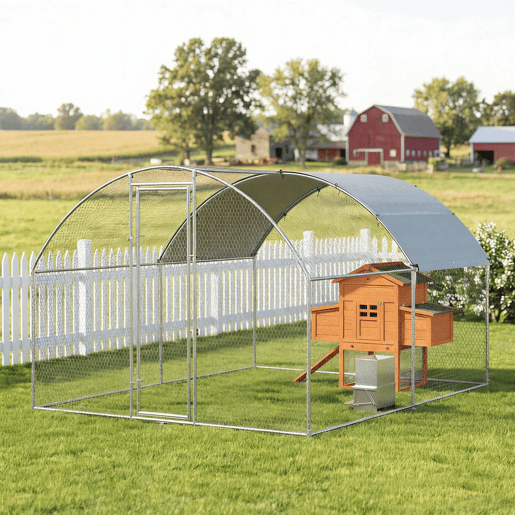 PawHut Galinheiro Exterior 2,8x3,4x1,9 m Galinheiro de Aço Galvanizado com Cobertura de Tecido Oxford Anti-UV e Impermeável, Porta e Fechos Gaiola para 10-16 Galinhas Prata