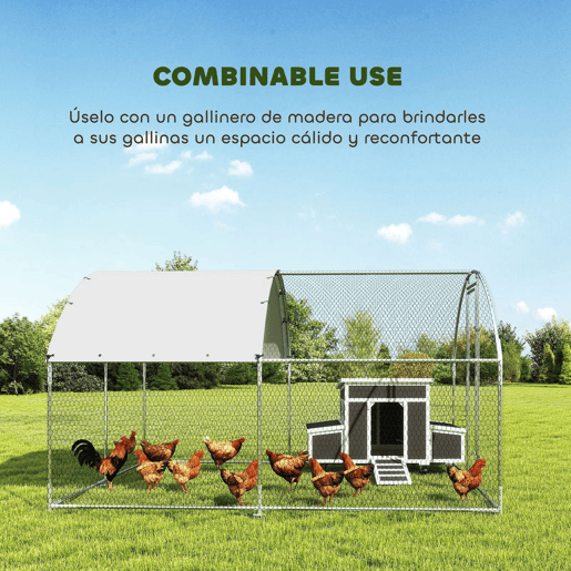 PawHut Galinheiro Exterior 2,8x3,4x1,9 m Galinheiro de Aço Galvanizado com Cobertura de Tecido Oxford Anti-UV e Impermeável, Porta e Fechos Gaiola para 10-16 Galinhas Prata