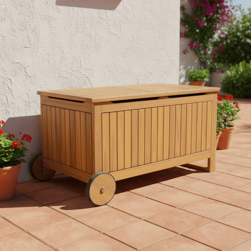 Baú de jardim em madeira de acácia com rodas 119L Teck - 92x49.5x50 cm