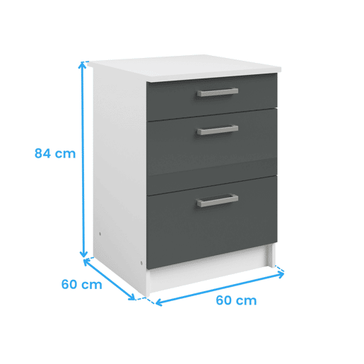 Armário de cozinha com 3 gavetas, branco e cinza brilhante, módulo de cozinha de 60x84x60 cm Armário de cozinha com 3 gavetas, branco e cinza brilhante, módulo de cozinha de 60x84x60 cm