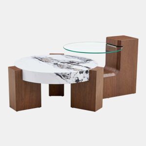 Conjunto de mesas de sala desmontáveis - MDF cor nogueira + vidro de segurança transparente de 0,6 cm - Combinável como mesa de café Separado como duas mesas auxiliares - Cores: nogueira, branco