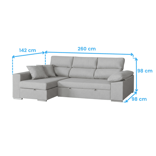 Sofá-cama de 3 lugares com chaise longue à esquerda, modelo Milano, 260x98x98 cm
