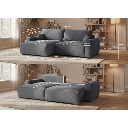 Sofá-Cama Chaise Longue BUDWING Lauren Cinza - 3 Lugares - 269x158x96 cm Sofá-Cama Chaise Longue BUDWING Lauren Cinza - 3 Lugares - 269x158x96 cm