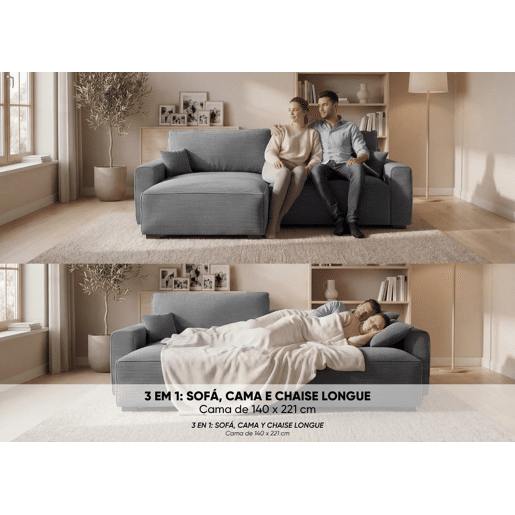 Sofá-Cama Chaise Longue BUDWING Lauren Cinza - 3 Lugares - 269x158x96 cm Sofá-Cama Chaise Longue BUDWING Lauren Cinza - 3 Lugares - 269x158x96 cm