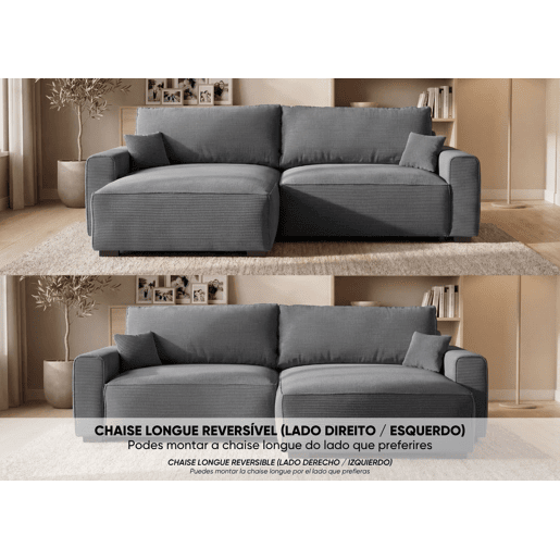Sofá-Cama Chaise Longue BUDWING Lauren Cinza - 3 Lugares - 269x158x96 cm Sofá-Cama Chaise Longue BUDWING Lauren Cinza - 3 Lugares - 269x158x96 cm