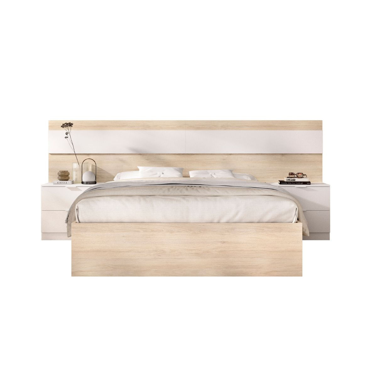 Conjunto de dormitorio niza cabecero + 2 mesitas + aro natural/blanco