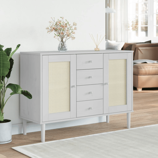 Aparador - Bufete - Móvei de apoio aspeto de vime 112x40x80 cm pinho maciço branco pt1647