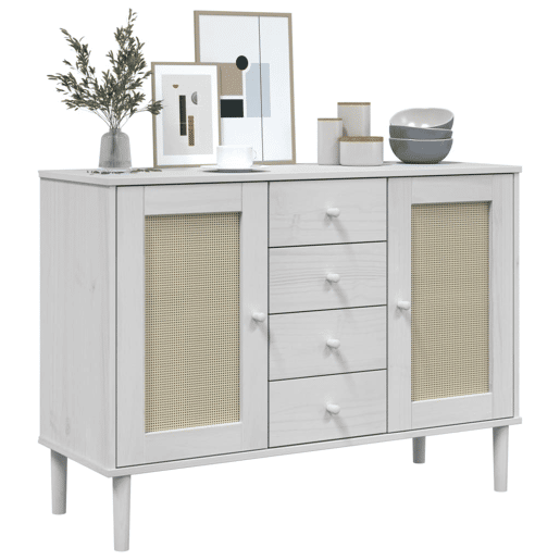 Aparador - Bufete - Móvei de apoio aspeto de vime 112x40x80 cm pinho maciço branco pt1647