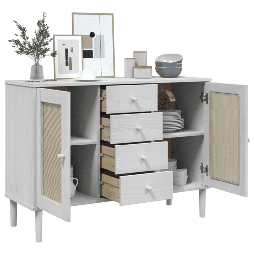 Aparador - Bufete - Móvei de apoio aspeto de vime 112x40x80 cm pinho maciço branco pt1647