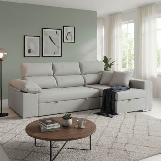 Sofá-cama de 3 lugares com chaise longue à direita, modelo Milano para sala de estar, 260x98x98 cm