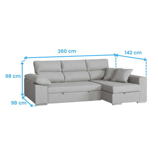 Sofá-cama de 3 lugares com chaise longue à direita, modelo Milano para sala de estar, 260x98x98 cm