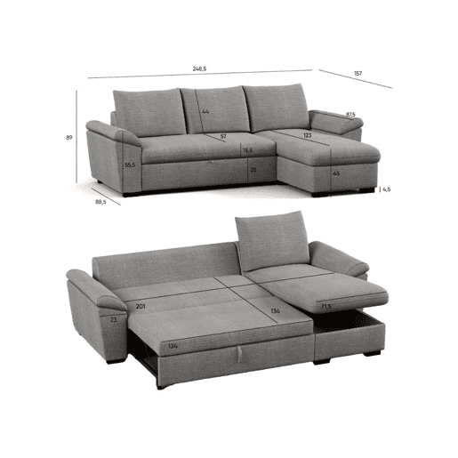 Sofá-Cama 3 Lugares BUDWING Lorenzo Cinzento + Chaise com Arrumação + Braço Tipo Sesta (248,5 x 157 x 89 cm u2013 Reversível Lado EsquerdoDireito)
