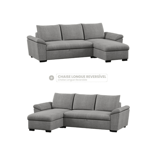 Sofá-Cama 3 Lugares BUDWING Lorenzo Cinzento + Chaise com Arrumação + Braço Tipo Sesta (248,5 x 157 x 89 cm u2013 Reversível Lado EsquerdoDireito)