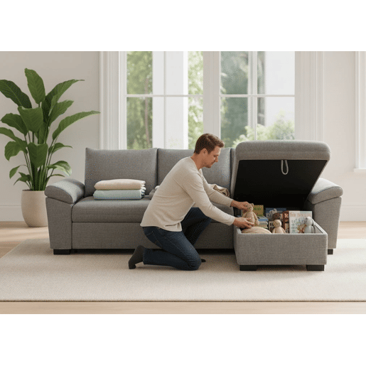 Sofá-Cama 3 Lugares BUDWING Lorenzo Cinzento + Chaise com Arrumação + Braço Tipo Sesta (248,5 x 157 x 89 cm u2013 Reversível Lado EsquerdoDireito)