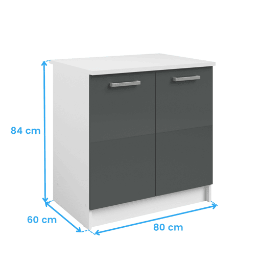 Armário para pia, Vetro, armário de cozinha com 2 portas e 1 prateleira, cinza brilhante e branco, 80x84x60 cm