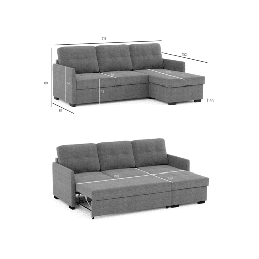 Sofá-Cama 3 Lugares BUDWING Enzo Cinza com Chaise Reversível Lado EsquerdoDireito (218x152x88 cm)