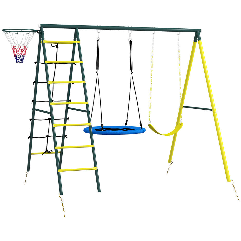 Outsunny columpio infantil 4 en 1, con columpio nido e individual, red para escalar, canasta de baloncesto, escalera, carga 160 kg, para exterior, parque infantil para niños de 3 a 8 años, amarillo