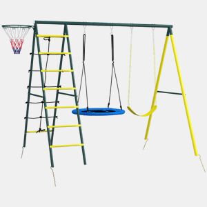 Outsunny Baloiço Infantil 4 em 1 com Baloiço Ninho e Individual Rede de Escalada Cesto de Basquetebol Escada Carga 160 kg para Exterior Parque Infantil para Crianças de 3 a 8 Anos Amarelo