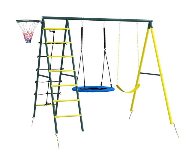 Outsunny columpio infantil 4 en 1, con columpio nido e individual, red para escalar, canasta de baloncesto, escalera, carga 160 kg, para exterior, parque infantil para niños de 3 a 8 años, amarillo