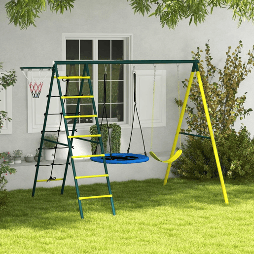 Outsunny Baloiço Infantil 4 em 1 com Baloiço Ninho e Individual Rede de Escalada Cesto de Basquetebol Escada Carga 160 kg para Exterior Parque Infantil para Crianças de 3 a 8 Anos Amarelo
